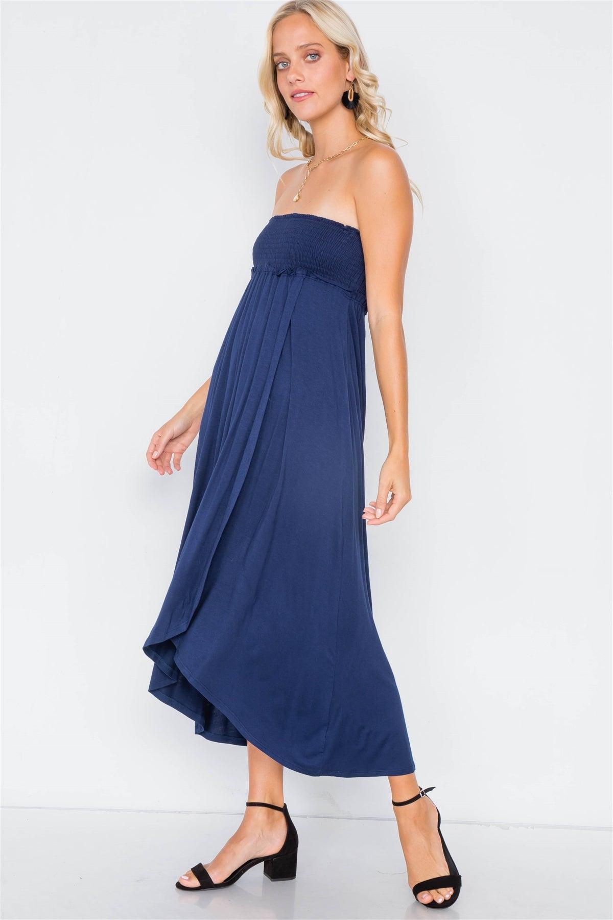 Navy Off-The-Shoulder Ruched Tube Top Midi Dress  /2-2-3