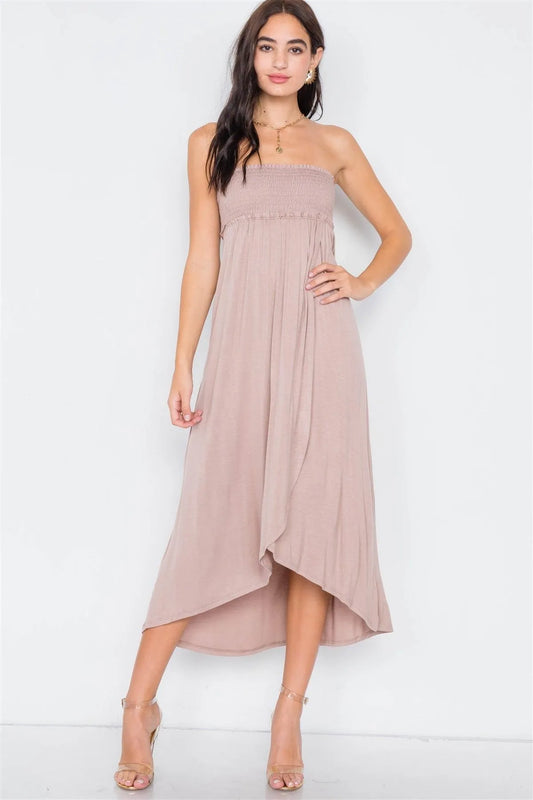 Taupe Off-The-Shoulder Ruched Tube Top Midi Dress /2-2-2 - Tasha Apparel Wholesale