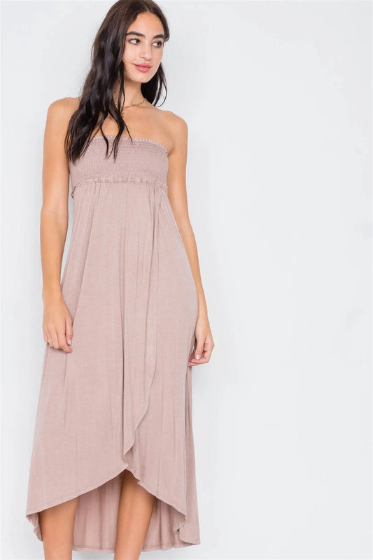 Taupe Off-The-Shoulder Ruched Tube Top Midi Dress /2-2-3 - Tasha Apparel Wholesale