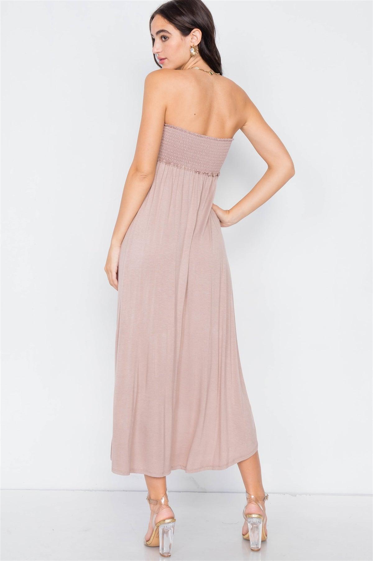 Taupe Off-The-Shoulder Ruched Tube Top Midi Dress /2-2-3
