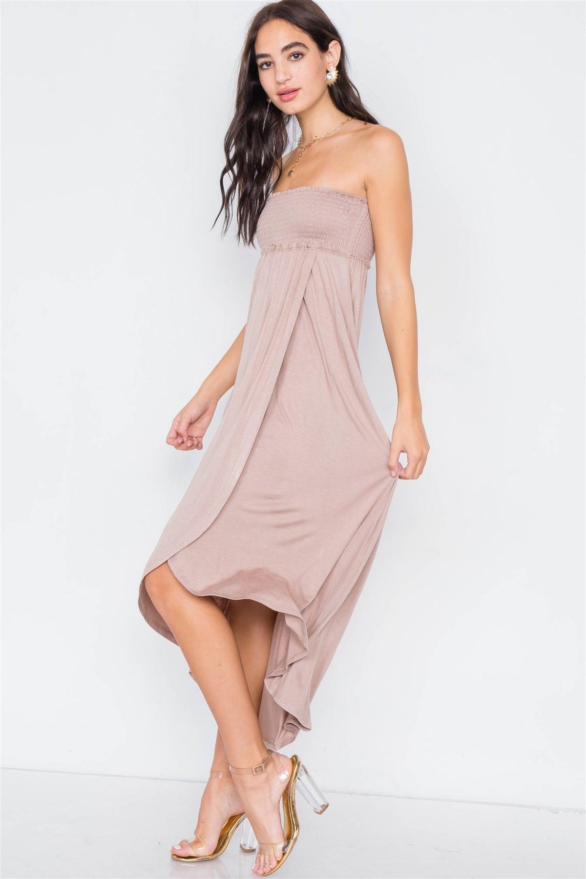 Taupe Off-The-Shoulder Ruched Tube Top Midi Dress /2-2-3