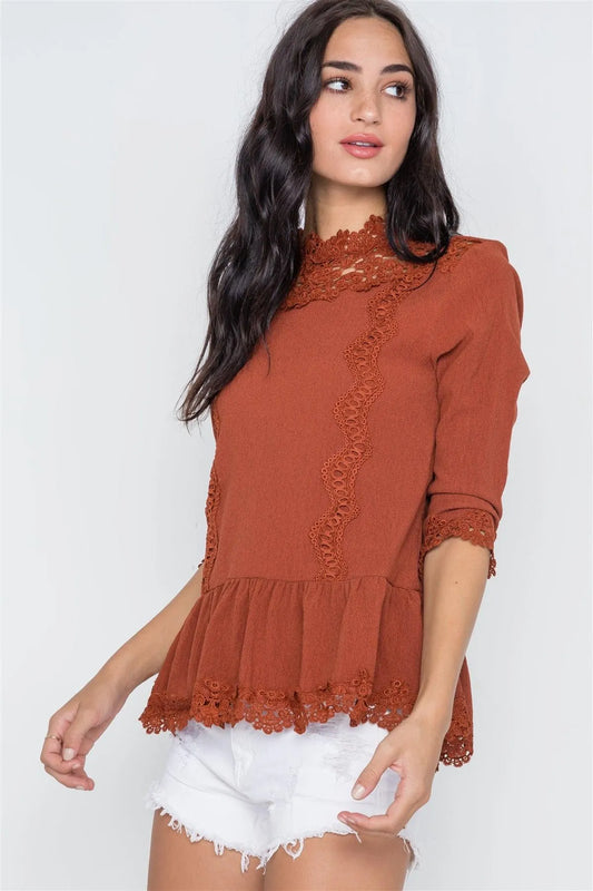 Marsala 3/4 Sleeves Crochet Trim Shirred Hem Top /1-1-1 - Tasha Apparel Wholesale