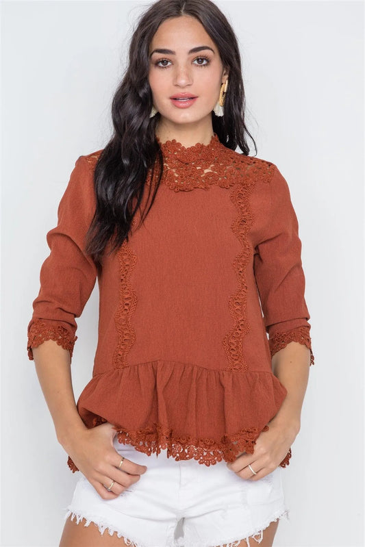 Marsala 3/4 Sleeves Crochet Trim Shirred Hem Top /2-2-2 - Tasha Apparel Wholesale