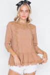 Mocha 3/4 Sleeves Crochet Trim Shirred Hem Top /2-2-2 - Tasha Apparel Wholesale