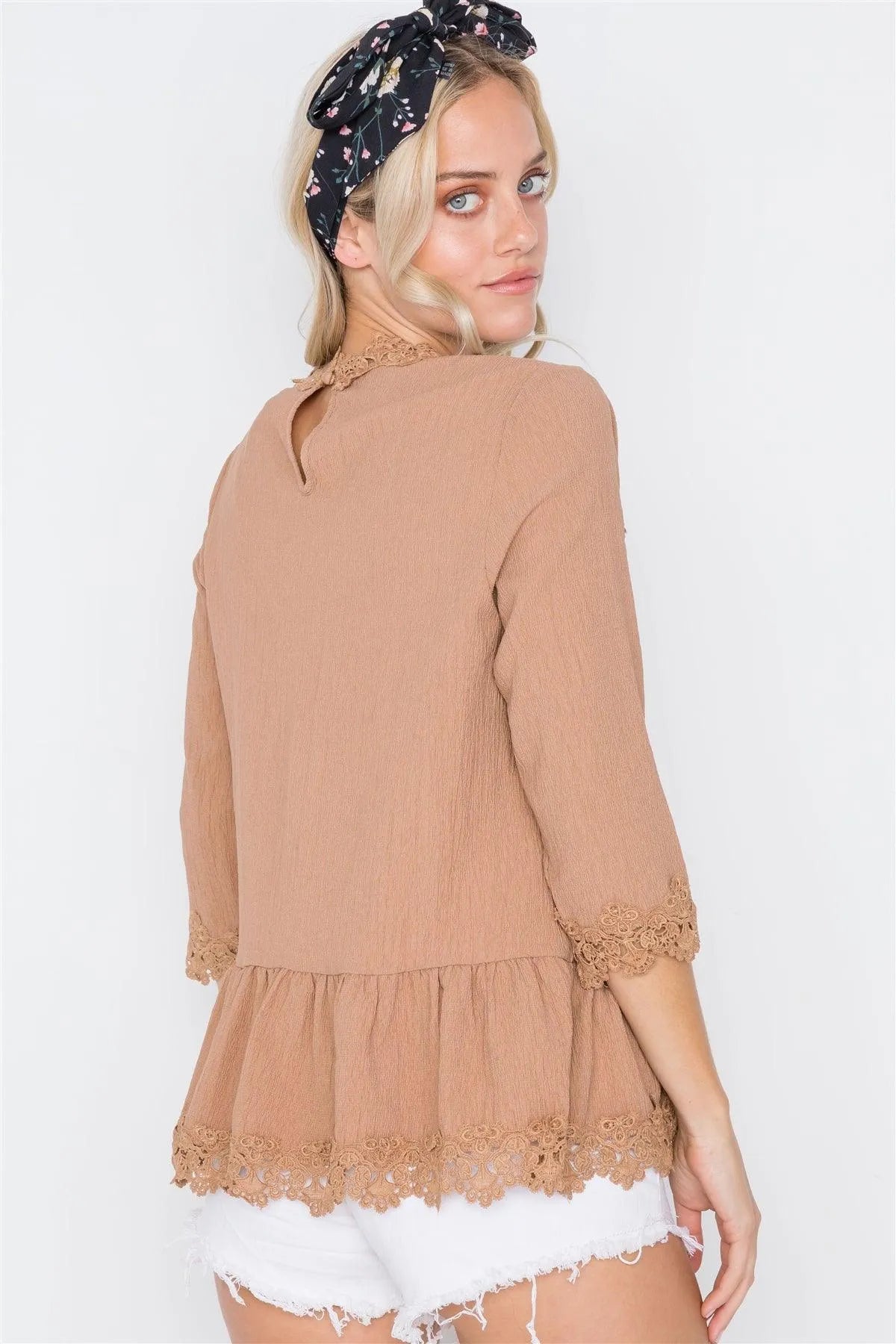 Mocha 3/4 Sleeves Crochet Trim Shirred Hem Top /2-2-2 - Tasha Apparel Wholesale