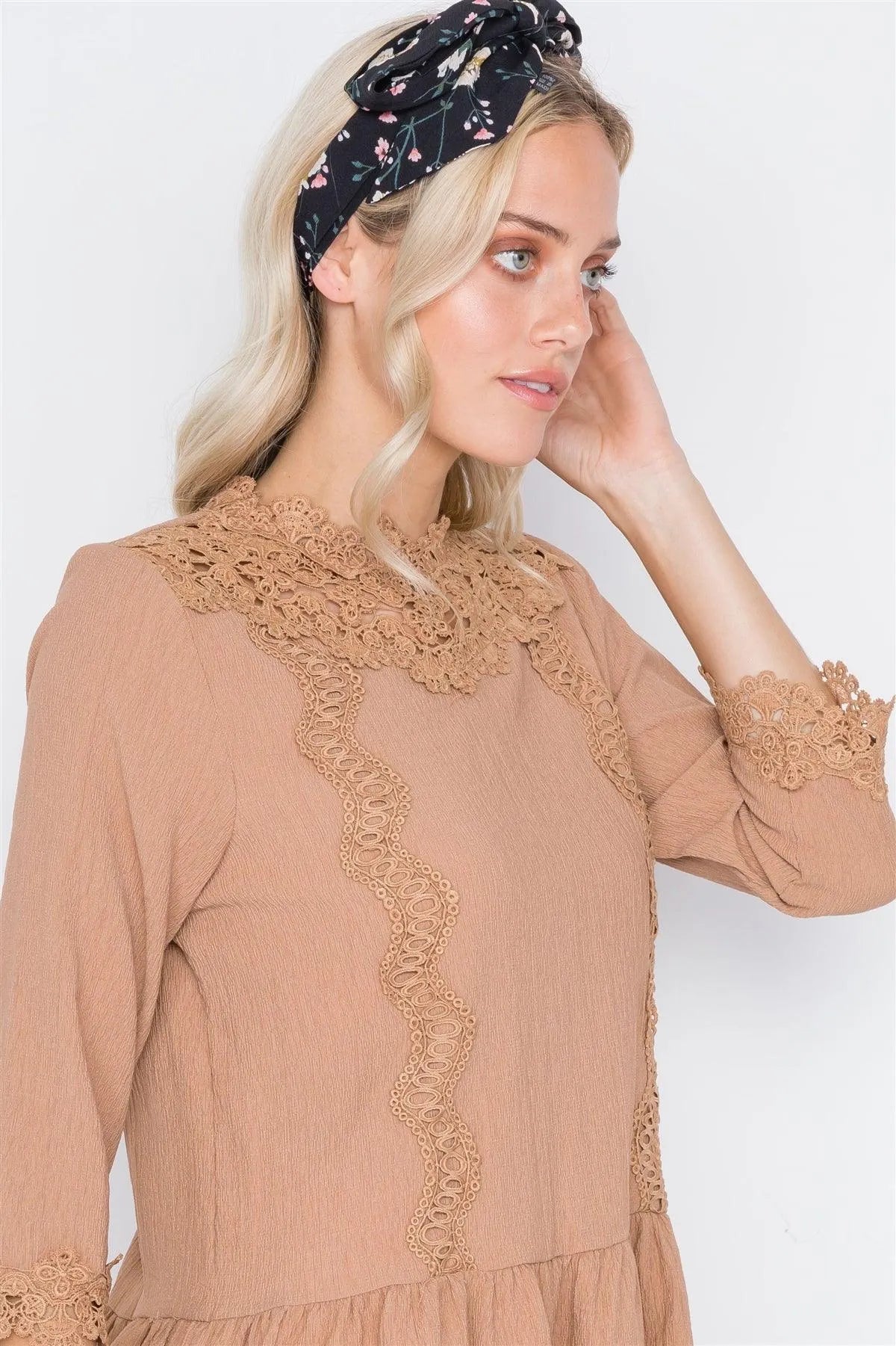 Mocha 3/4 Sleeves Crochet Trim Shirred Hem Top /2-2-2 - Tasha Apparel Wholesale