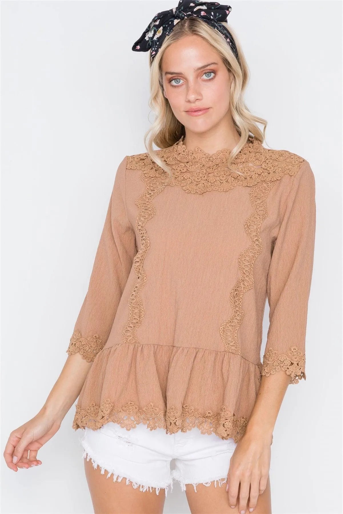 Mocha 3/4 Sleeves Crochet Trim Shirred Hem Top /2-2-2 - Tasha Apparel Wholesale