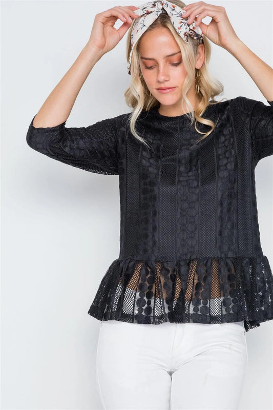Black 3/4 Sleeve Multi Pattern Shirred Hem Top /1-2-2 - Tasha Apparel Wholesale