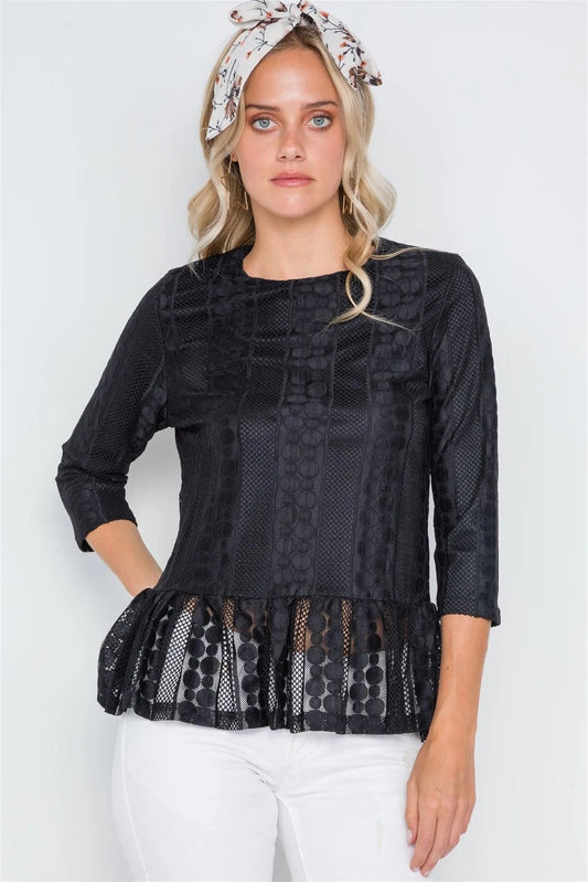 Black 3/4 Sleeve Multi Pattern Shirred Hem Top /2-2-2 - Tasha Apparel Wholesale