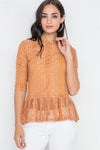 Orange 3/4 Sleeve Multi Pattern Shirred Hem Top /2-2-2 - Tasha Apparel Wholesale