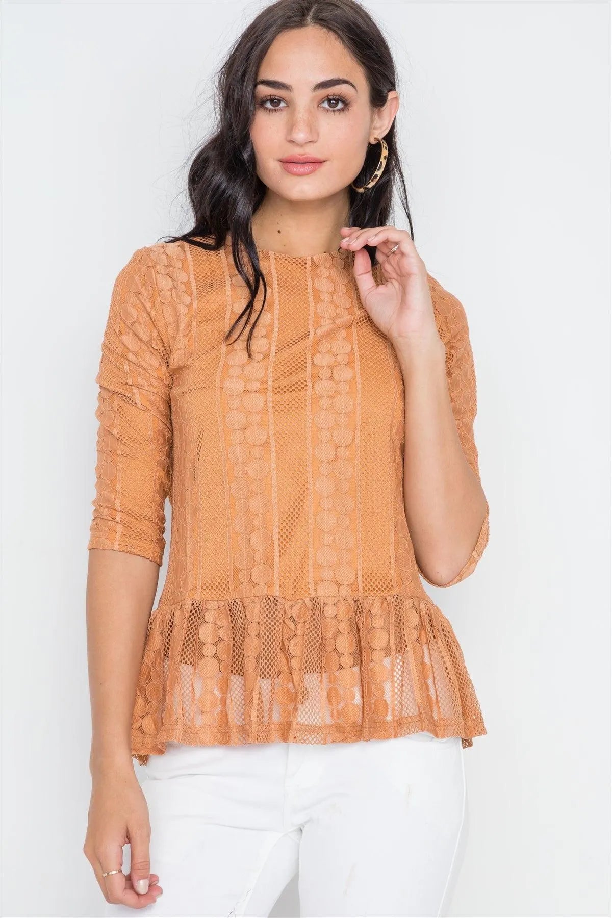 Orange 3/4 Sleeve Multi Pattern Shirred Hem Top /2-2-2 - Tasha Apparel Wholesale