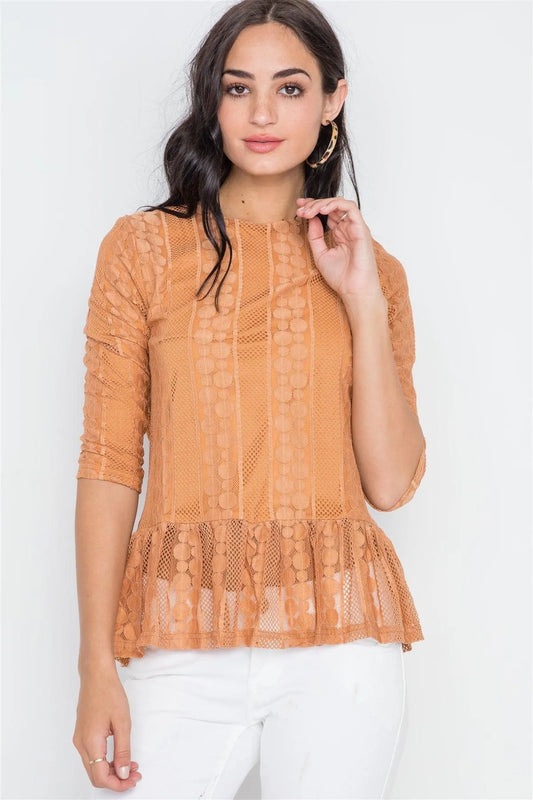 Orange 3/4 Sleeve Multi Pattern Shirred Hem Top /2-2-2 - Tasha Apparel Wholesale