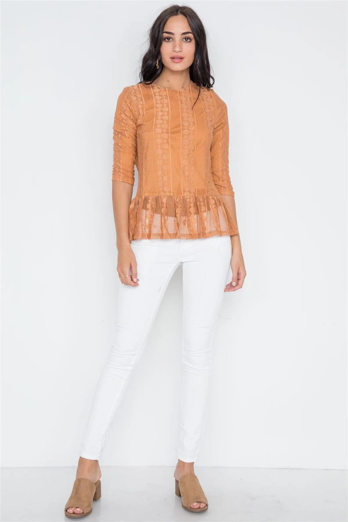 Orange 3/4 Sleeve Multi Pattern Shirred Hem Top /2-2-2 - Tasha Apparel Wholesale