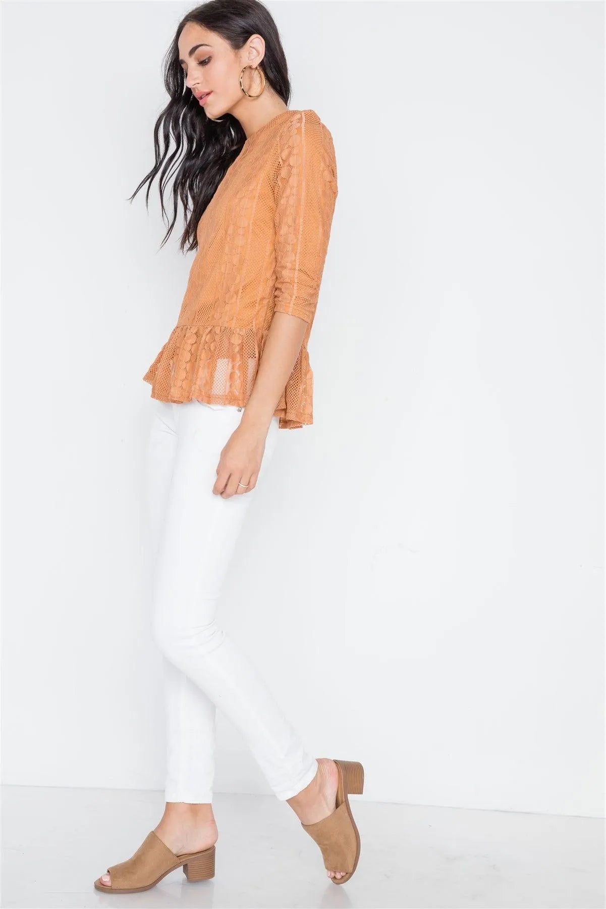 Orange 3/4 Sleeve Multi Pattern Shirred Hem Top /2-2-2 - Tasha Apparel Wholesale