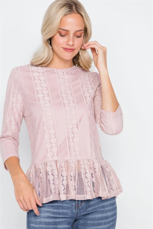 Pink 3/4 Sleeve Multi Pattern Shirred Hem Top /1-2-2 - Tasha Apparel Wholesale