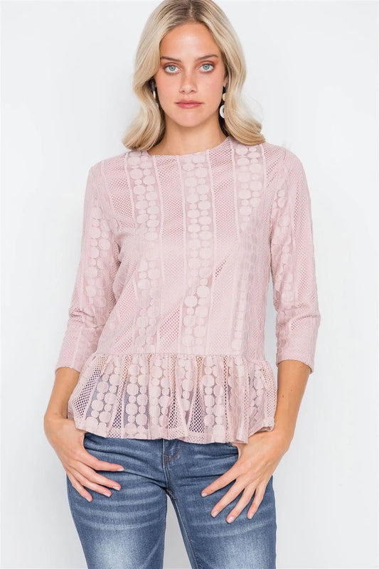 Pink 3/4 Sleeve Multi Pattern Shirred Hem Top /2-2-2 - Tasha Apparel Wholesale