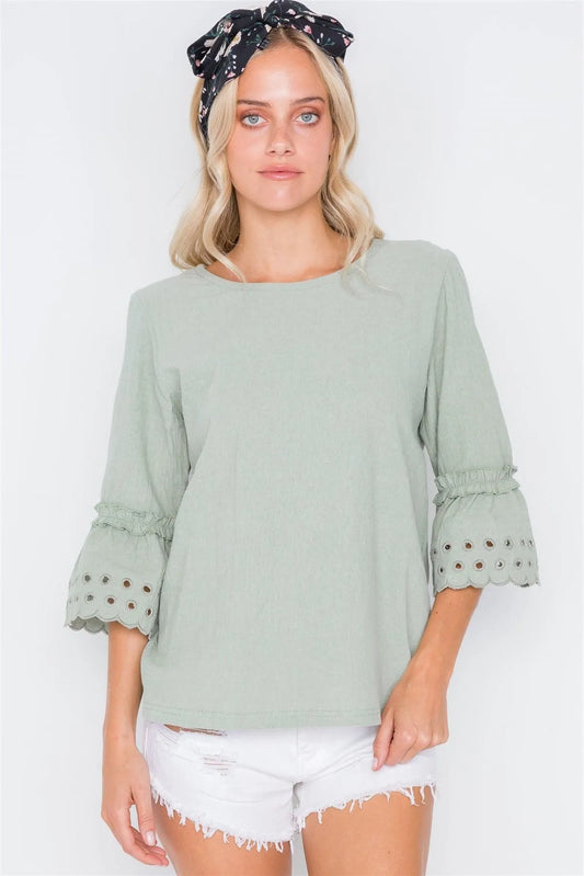 Sage 3/4 Sleeve Geo Embroidery Boho Top /2-2-2 - Tasha Apparel Wholesale