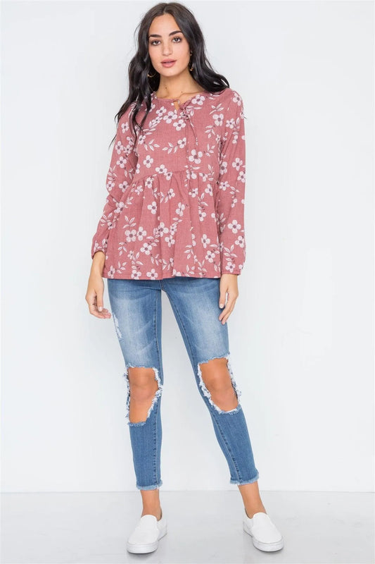 Brick Long Sleeve Floral Print Shirred Hem Top /1-2-2 - Tasha Apparel Wholesale