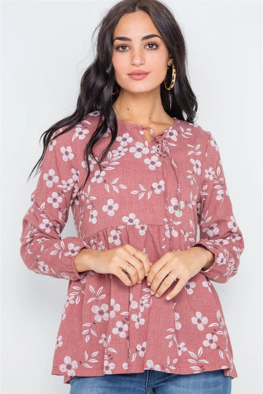 Brick Long Sleeve Floral Print Shirred Hem Top /2-2-2 - Tasha Apparel Wholesale