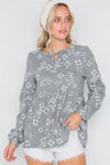 Grey Long Sleeve Floral Print Shirred Hem Top /2-2-2