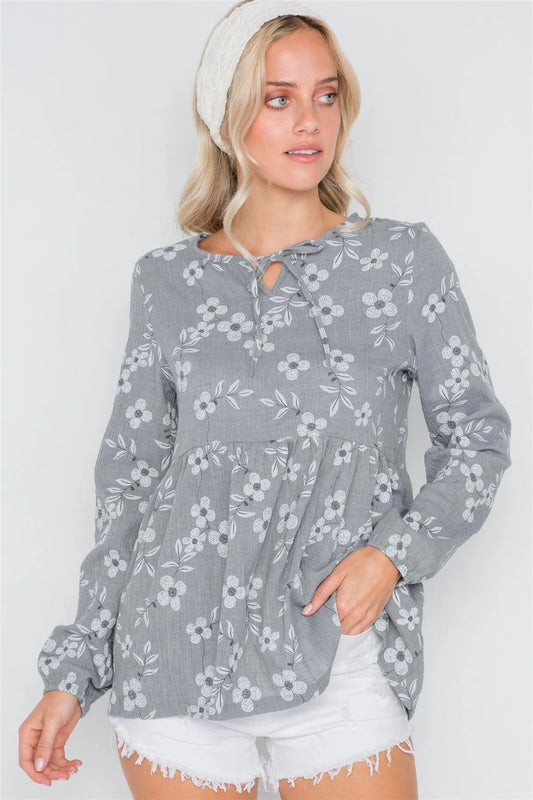 Grey Long Sleeve Floral Print Shirred Hem Top /2-2-2 - Tasha Apparel Wholesale