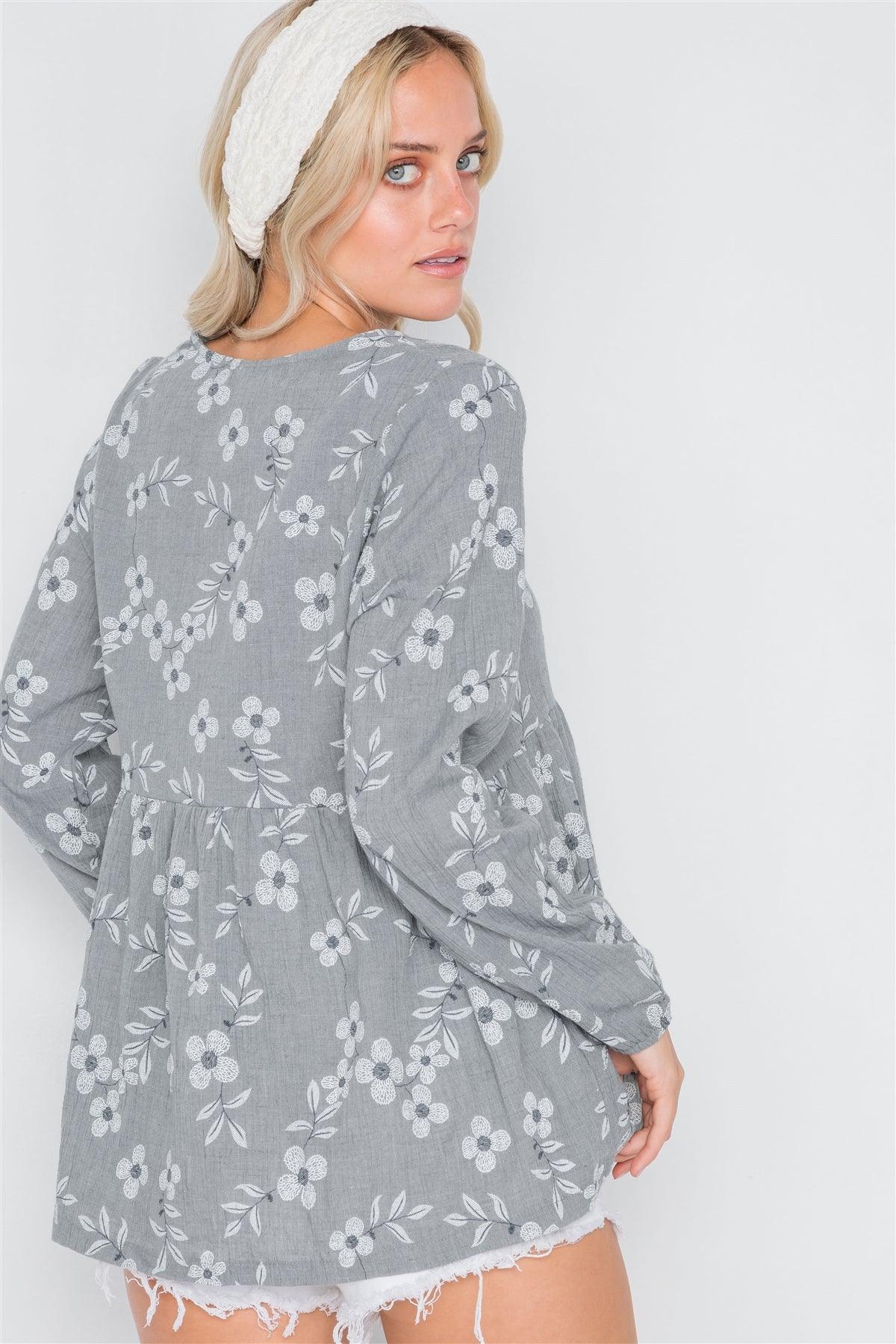 Grey Long Sleeve Floral Print Shirred Hem Top /2-2-2