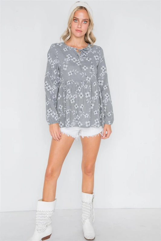 Grey Long Sleeve Floral Print Shirred Hem Top /3-3-2 - Tasha Apparel Wholesale