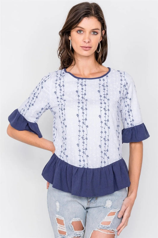 Ivory Cotton Boho Chic Floral Flounce Trim Peplum Top /2-2-2 - Tasha Apparel Wholesale