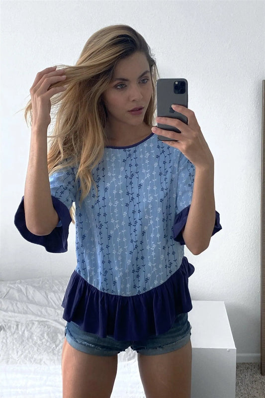 Light Blue Cotton Boho Chic Floral Flounce Trim Peplum Top /2-2-2 - Tasha Apparel Wholesale