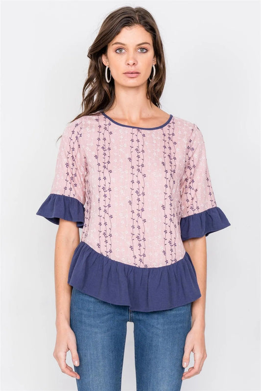Mauve Cotton Boho Chic Floral Flounce Trim Peplum Top /2-2-2 - Tasha Apparel Wholesale