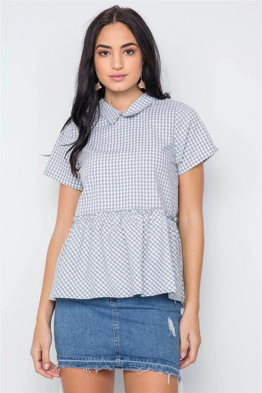Grey Checkered Short Sleeve Shirred Hem Top / 2-2-2 - Tasha Apparel Wholesale