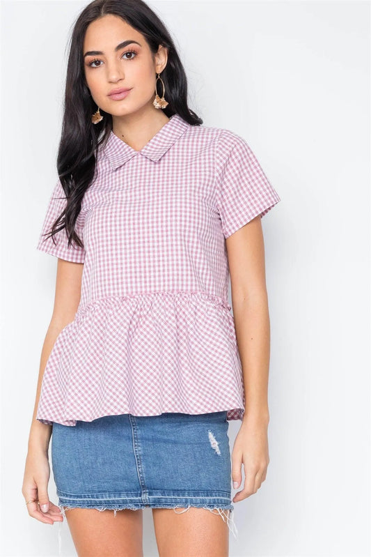 Mauve Checkered Short Sleeve Shirred Hem Top / 2-2-2 - Tasha Apparel Wholesale