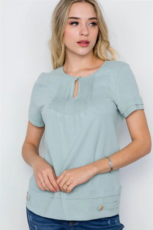 Sage Short Sleeve Pleated Cotton Boho Top / 2-2-2 - Tasha Apparel Wholesale