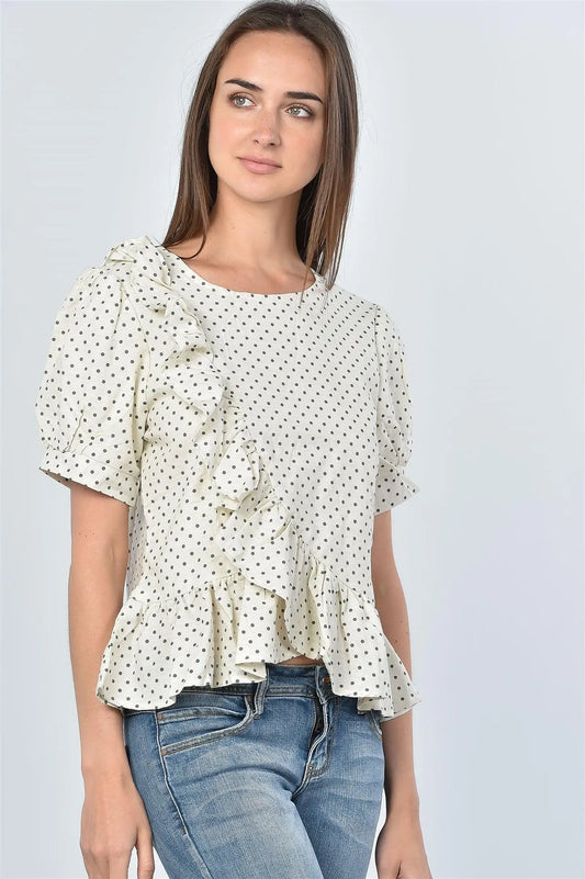 Ivory Polka Dots Ruffle Front Top /3-2-1 - Tasha Apparel Wholesale