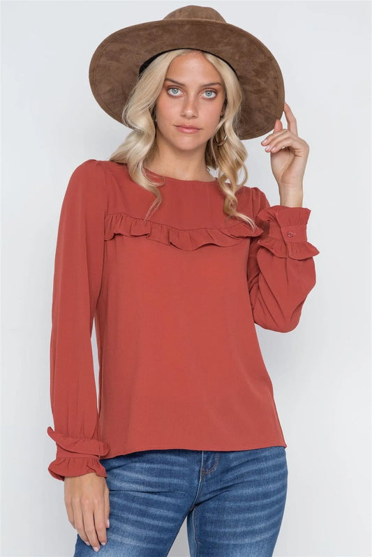 Rust Long Sleeve Ruffle Detail Solid Top /2-2-2 - Tasha Apparel Wholesale