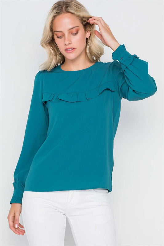 Teal Long Sleeve Ruffle Detail Solid Top /2-2-2 - Tasha Apparel Wholesale
