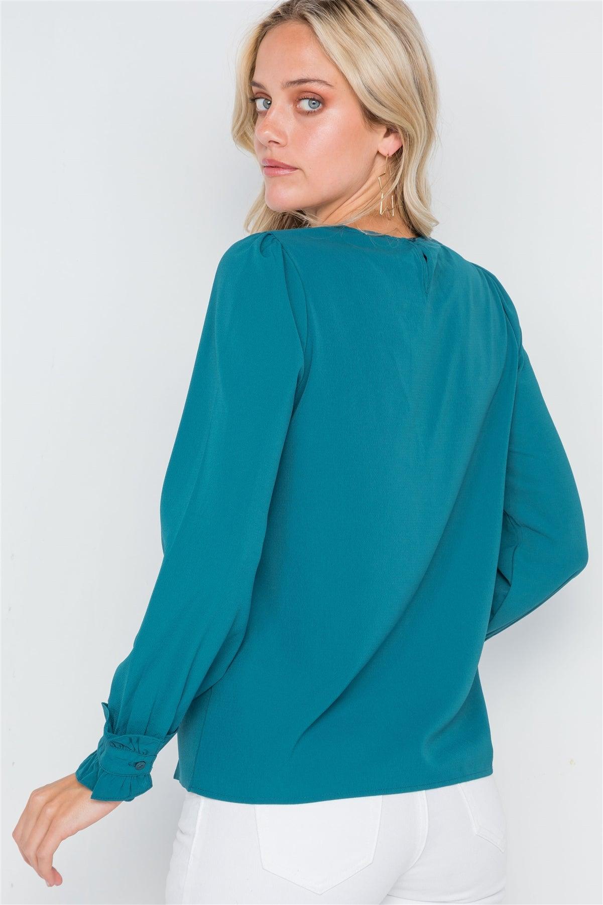 Teal Long Sleeve Ruffle Detail Solid Top /2-2-2
