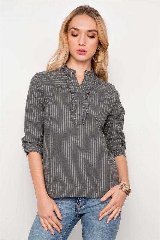 Grey Striped 3/4 Sleeves Boho Top / 2-2-2 - Tasha Apparel Wholesale