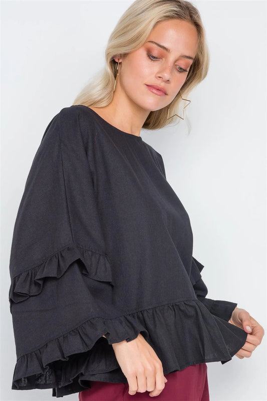 Black Bell Sleeve Ruffle Scoop Neck Boho Top /2-2-2 - Tasha Apparel Wholesale