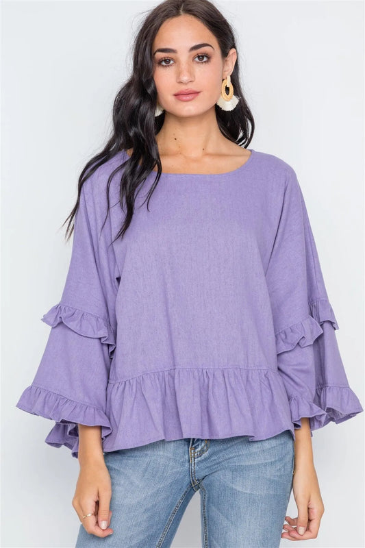 Lilac Bell Sleeve Ruffle Scoop Neck Boho Top /2-2-2 - Tasha Apparel Wholesale