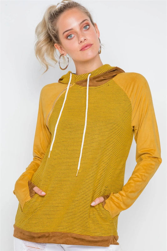 Mustard Combo Faux Suede Long Sleeve Hoodie /2-2-2 - Tasha Apparel Wholesale