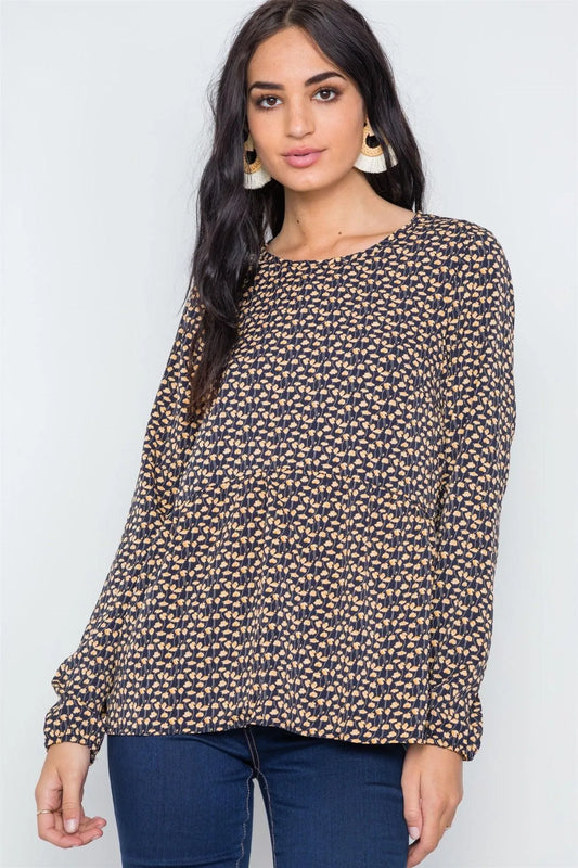 Navy Floral Print Long Sleeve Round Neck Boho Top /2-2-2 - Tasha Apparel Wholesale