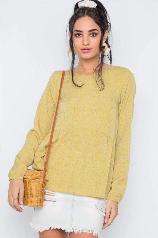 Yellow Floral Print Long Sleeve Round Neck Boho Top /2-2-2 - Tasha Apparel Wholesale