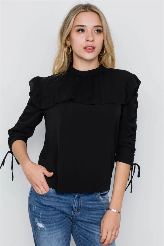 Black 3/4 Sleeve Ruffle Detail Boho Top / 2-2-2 - Tasha Apparel Wholesale