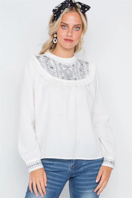 Cream Floral Embroidery Long Sleeve Boho Top /2-2-2 - Tasha Apparel Wholesale