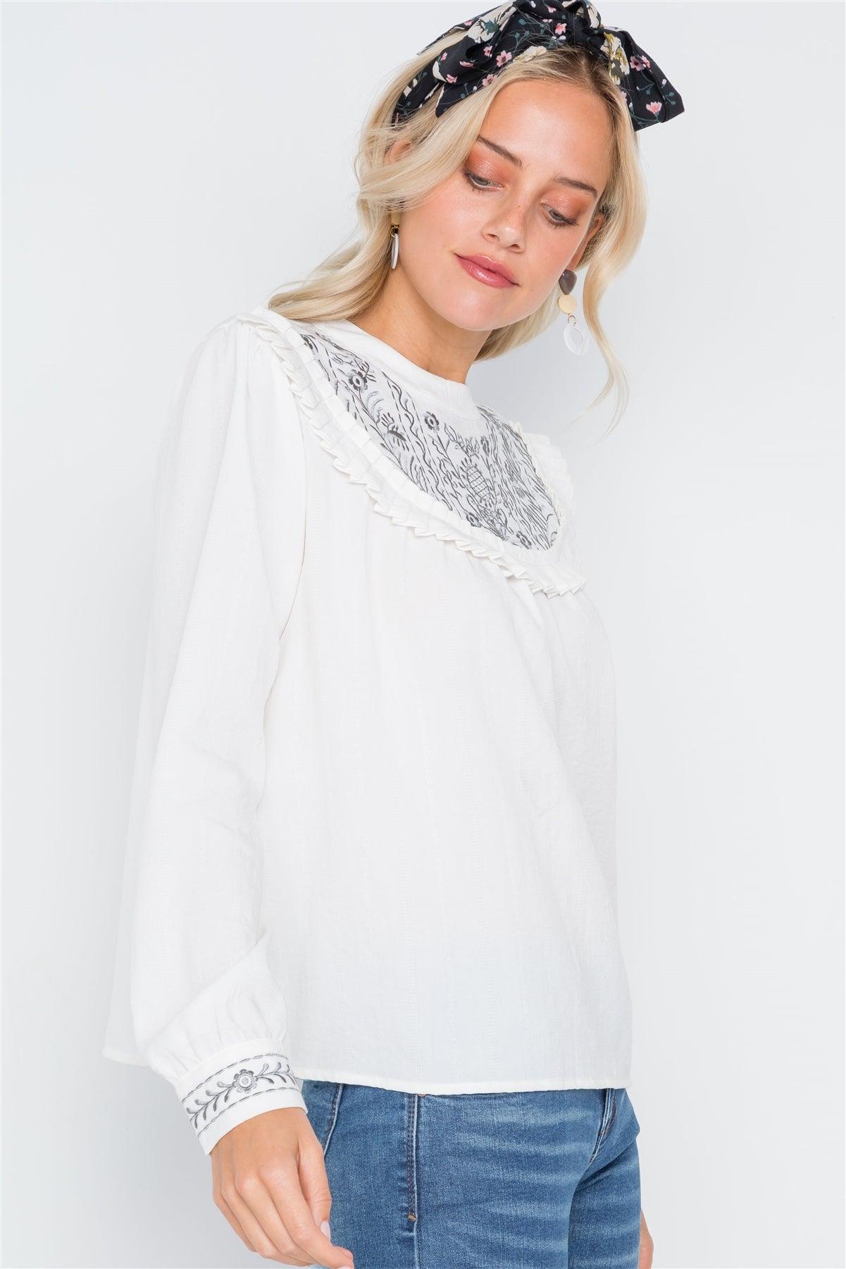 Cream Floral Embroidery Long Sleeve Boho Top /2-2-2