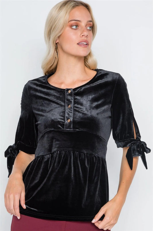 Black Velvet 3/4 Sleeve Shirred Top /2-2-2 - Tasha Apparel Wholesale