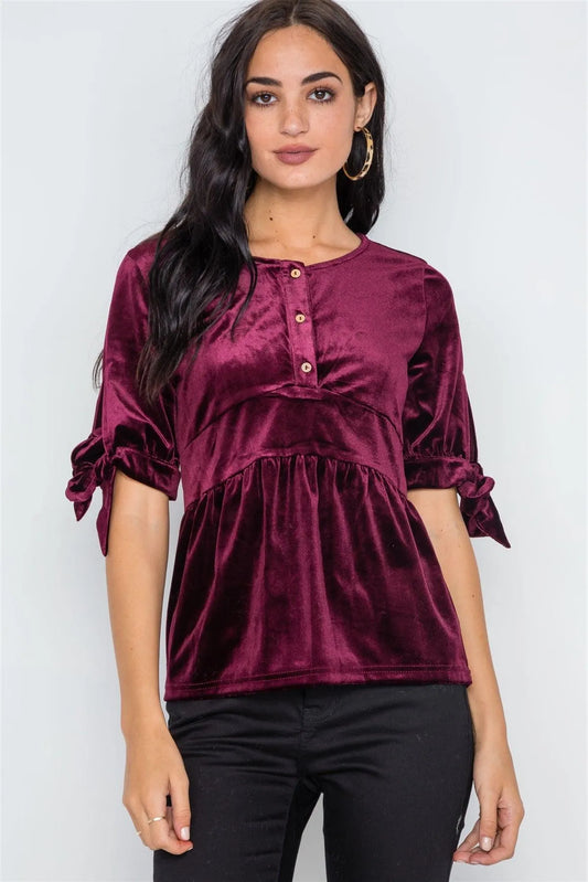 Burgundy Velvet 3/4 Sleeve Shirred Top /2-2-2 - Tasha Apparel Wholesale