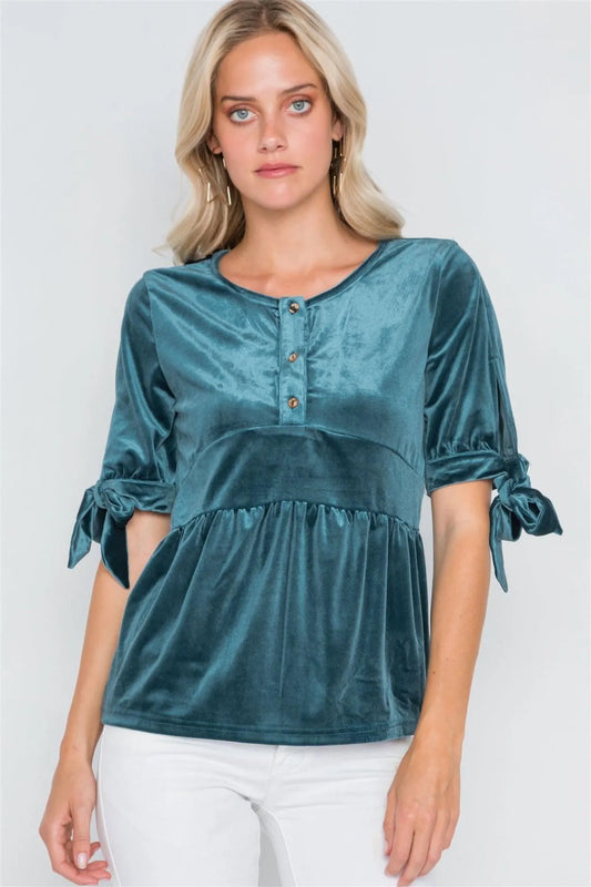 Teal Velvet 3/4 Sleeve Shirred Top /2-2-2 - Tasha Apparel Wholesale