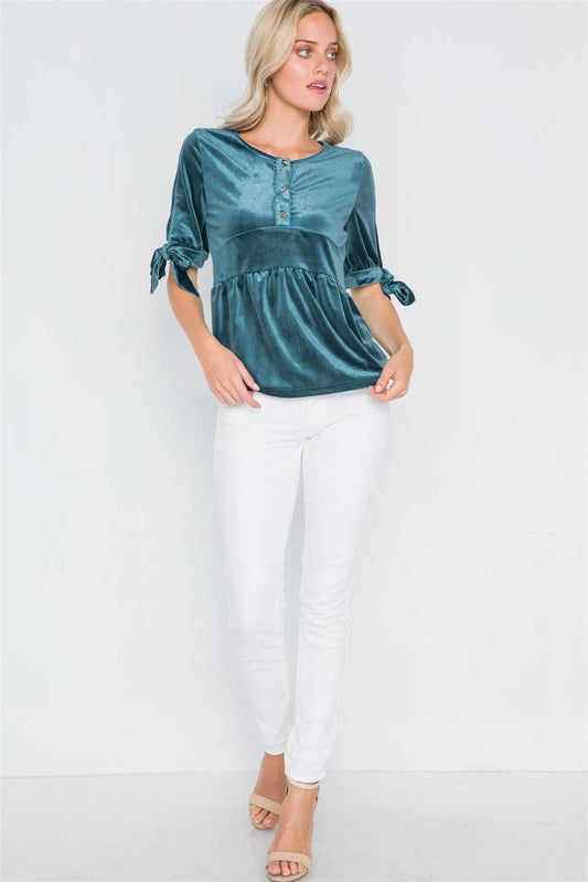 Teal Velvet 3/4 Sleeve Shirred Top /3-2-2 - Tasha Apparel Wholesale